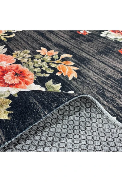 Pastel Home Etnik Çiçekli Karabağ Desenli Şönil Halı Kilim Kaymaz Pamuk Taban Kendinden Saçaklı Yıkanabilir - 4