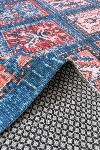 Pastel Home Eskitme afgan mavi şönil halı kendinden saçaklı halı kilim yolluk kaymaz yıkanabilir salon mutfak - Resim 4