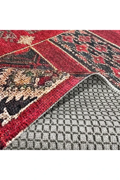 Pastel Home Kırmızı Patchwork Anadolu Kilim Şönil Halı Yolluk Kaymaz Yıkanabilir Saçaklı Salon Koridor Mutfak - 4