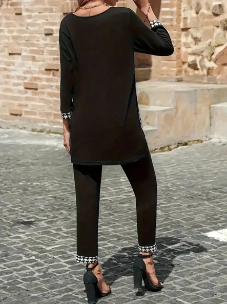 MDB Kadın Uzun Kollu Yuvarlak Yakalı Kaz Ayağı Detaylı Viskon Iki Iplik Bluz Ve Pantolon Ikili Takım - Resim 3