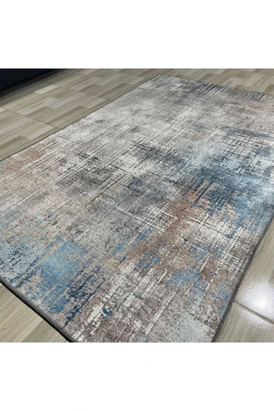 Pastel Home Tasarım Çift Taraflı Yıkanabilir Şönil Halı Kilim Yolluk Abstract Bej Mavi - 13