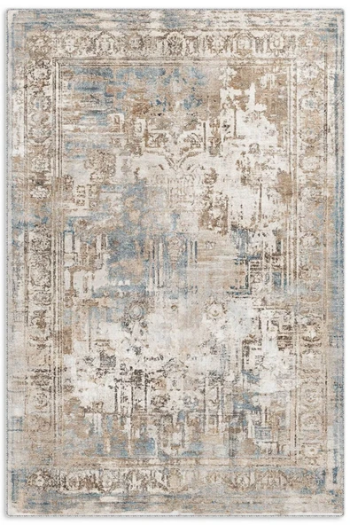 Pastel Home Tasarım Çift Taraflı Yıkanabilir Şönil Halı Kilim Yolluk Çerçeveli Eskitme Bej Mavi