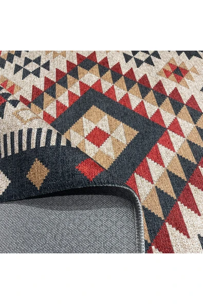 Pastel Home Bej Kırmızı Lacivert Anadolu Kilim Şönil Halı Yolluk Kaymaz Yıkanabilir Mutfak Koridor Salon - 4