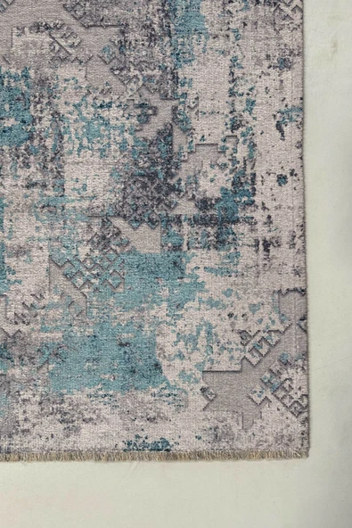 Pastel Home Etnik Turkuaz Gri Şönil Halı Kilim Yolluk Kaymaz Yıkanabilir Kendinden Saçaklı Mutfak Koridor Salon - Resim 3