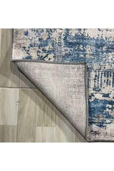 Pastel Home Tasarım Çift Taraflı Yıkanabilir Şönil Halı Kilim Yolluk Eskitme Çerçeveli Mavi - 13