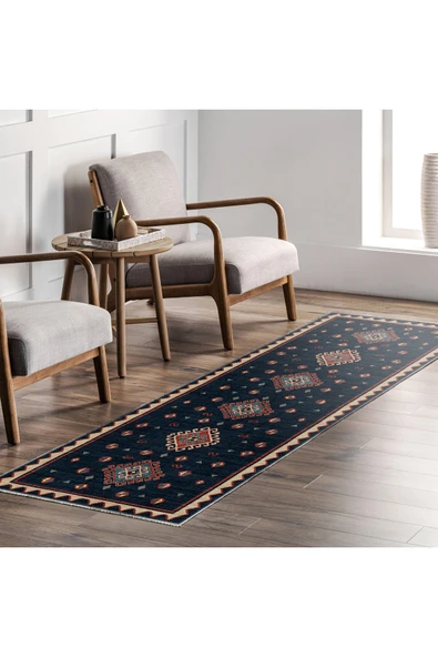 Pastel Home Vintage Lacivert Anadolu Kilim Şönil Halı Yolluk Kaymaz Saçaklı Yıkanabilir Oturma Odası Mutfak - 7