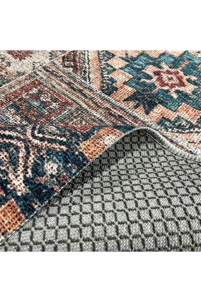 Pastel Home Kahverengi Yeşil Eskitme Patchwork Şönil Halı Kilim Yolluk Kaymaz Yıkanabilir Saçaklı - 4