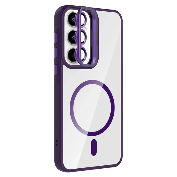 Galaxy A55 Kılıf Standlı ve Kamera Lens Hediyeli M-Safe Şarj Özellikli Zore Etro Kapak - Resim 4