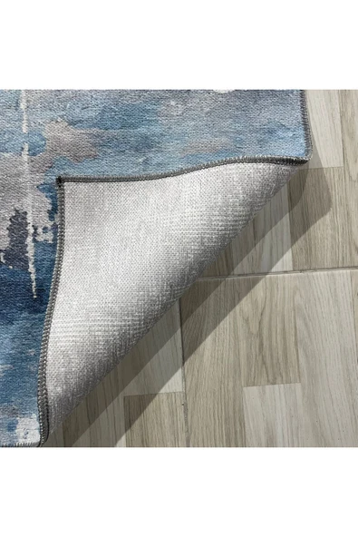 Pastel Home Tasarım Çift Taraflı Yıkanabilir Şönil Halı Kilim Yolluk Abstract Mavi Gri - 6