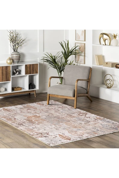 Pastel Home Tasarım Çift Taraflı Yıkanabilir Şönil Halı Kilim Yolluk Vizon Kahve Yaprak Desenli - 5