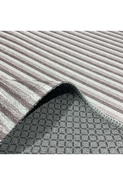 Pastel Home Modern Çizgili Açık Gri Kaymaz Şönil Halı Saçaklı Robot Süpürge Uyumlu Yıkanabilir Yolluk Kilim - 20