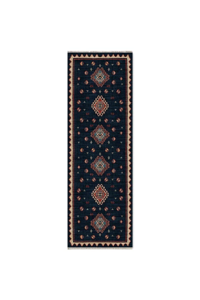 Pastel Home Vintage Lacivert Anadolu Kilim Şönil Halı Yolluk Kaymaz Saçaklı Yıkanabilir Oturma Odası Mutfak - 6