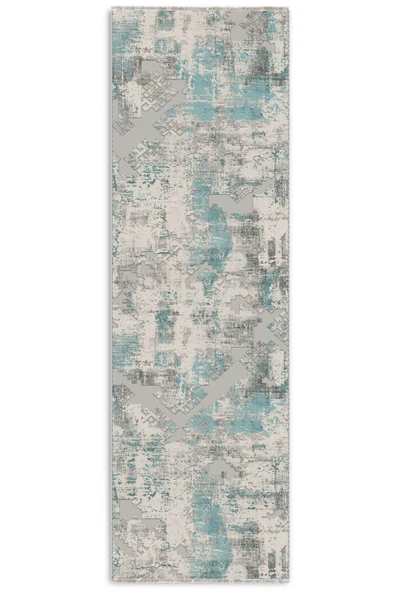 Pastel Home Etnik Turkuaz Gri Şönil Halı Kilim Yolluk Kaymaz Yıkanabilir Kendinden Saçaklı Mutfak Koridor Salon - Resim 6