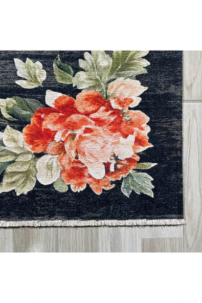 Pastel Home Etnik Çiçekli Karabağ Desenli Şönil Halı Kilim Kaymaz Pamuk Taban Kendinden Saçaklı Yıkanabilir - 10