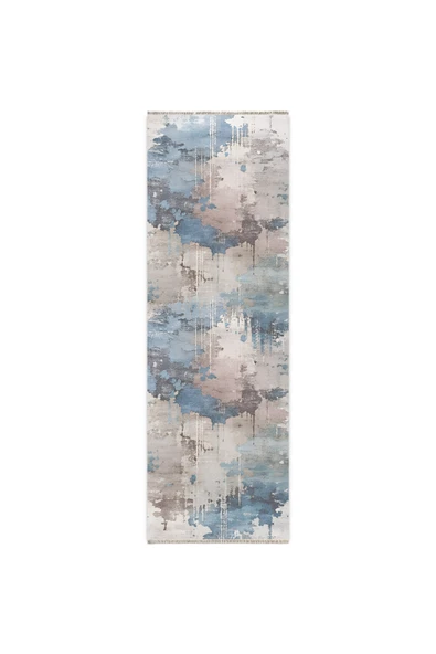 Pastel Home Tasarım Çift Taraflı Yıkanabilir Şönil Halı Kilim Yolluk Abstract Mavi Gri - 3