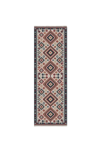 Pastel Home Bej Kırmızı Lacivert Anadolu Kilim Şönil Halı Yolluk Kaymaz Yıkanabilir Mutfak Koridor Salon - 6