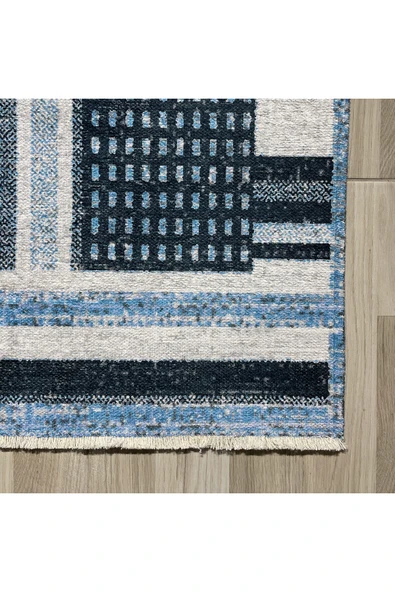 Pastel Home Modern Geometrik Şönil Halı Kilim Yolluk Mavi Gri Siyah Kaymaz Taban Yıkanabilir Saçaklı - Resim 2