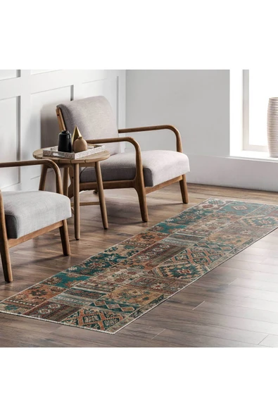 Pastel Home Kahverengi Yeşil Eskitme Patchwork Şönil Halı Kilim Yolluk Kaymaz Yıkanabilir Saçaklı - 15