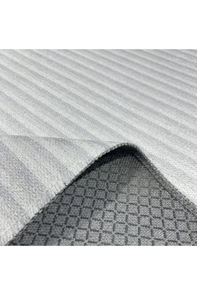 Pastel Home Modern Çizgili Açık Gri Kaymaz Şönil Halı Saçaklı Robot Süpürge Uyumlu Yıkanabilir Yolluk Kilim - 4
