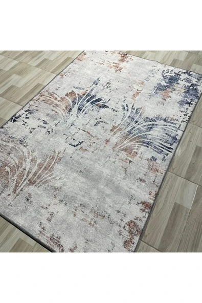 Pastel Home Tasarım Çift Taraflı Yıkanabilir Eskitme Şönil Halı Kilim Yolluk Yıkanabilir Vizon Lacivert - 12