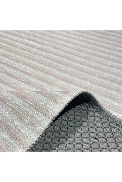 Pastel Home Modern Çizgili Açık Gri Kaymaz Şönil Halı Saçaklı Robot Süpürge Uyumlu Yıkanabilir Yolluk Kilim - 12