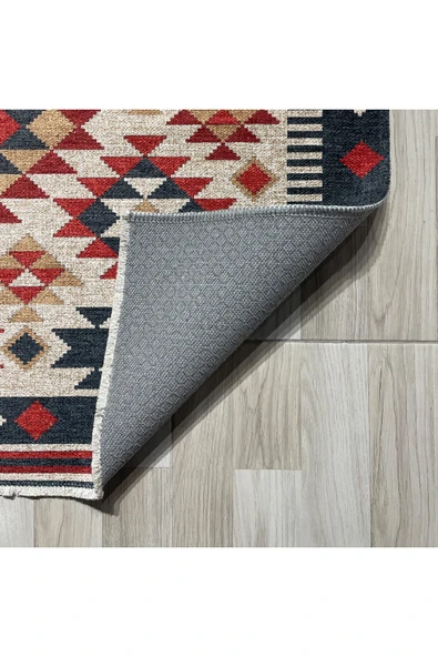 Pastel Home Bej Kırmızı Lacivert Anadolu Kilim Şönil Halı Yolluk Kaymaz Yıkanabilir Mutfak Koridor Salon - 3