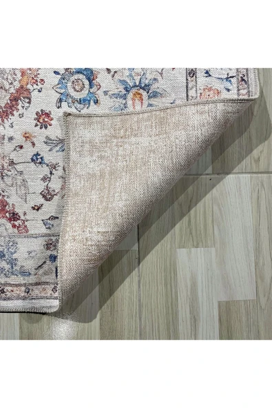 Pastel Home Tasarım Çift Taraflı Yıkanabilir Şönil Halı Kilim Yolluk Çiçek Motifli Bej Krem Renkli - 2