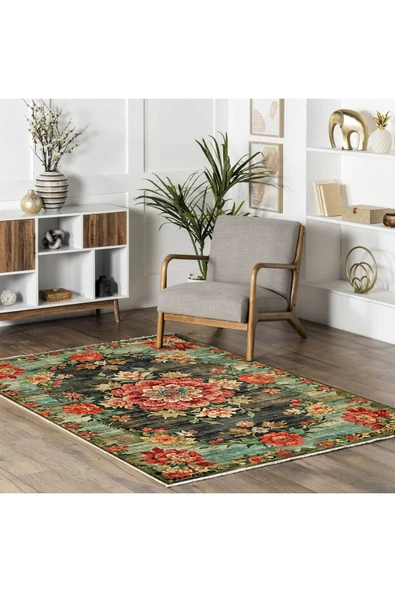 Pastel Home Etnik Çiçekli Karabağ Desenli Şönil Halı Kilim Kaymaz Pamuk Taban Kendinden Saçaklı Yıkanabilir - 5