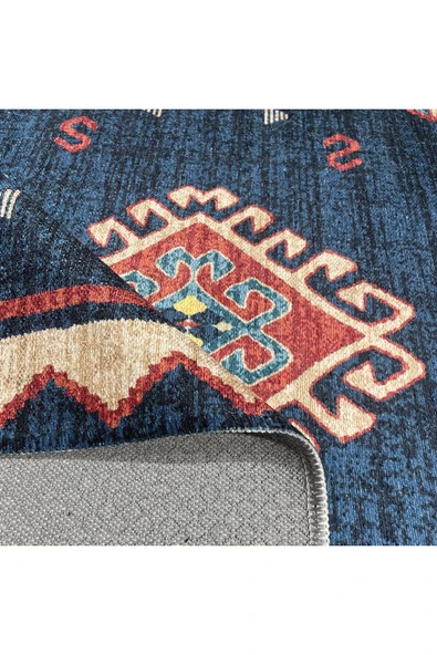 Pastel Home Vintage Lacivert Anadolu Kilim Şönil Halı Yolluk Kaymaz Saçaklı Yıkanabilir Oturma Odası Mutfak - 4