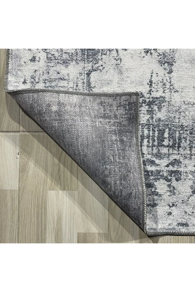 Pastel Home Tasarım Çift Taraflı Yıkanabilir Eskitme Şönil Halı Kilim Yolluk Gri Vintage Çerçeveli - 15