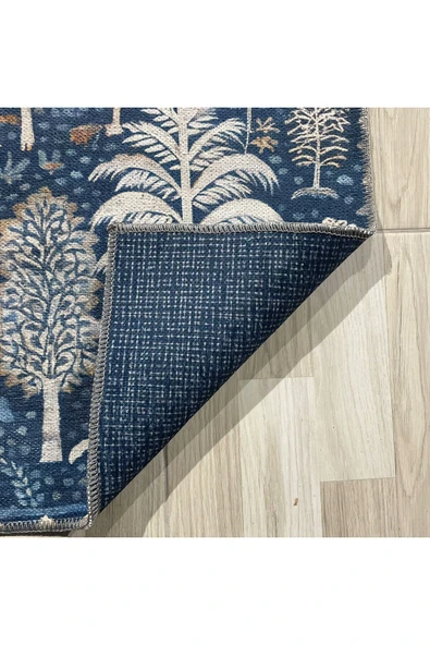 Pastel Home Tasarım Çift Taraflı Yıkanabilir Şönil Halı Kilim Yolluk Doğa Ve Orman Temalı Mavi Lacivert Eskitme - 4