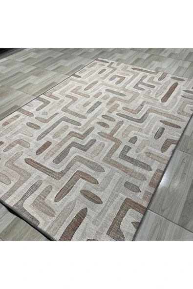 Pastel Home Tasarım Çift Taraflı Yıkanabilir Şönil Halı Kilim Yolluk Bej Kahve Toprak Tonlarında Geometrik - 10