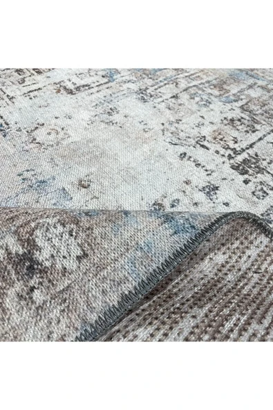 Pastel Home Tasarım Çift Taraflı Yıkanabilir Şönil Halı Kilim Yolluk Çerçeveli Eskitme Bej Mavi - 4