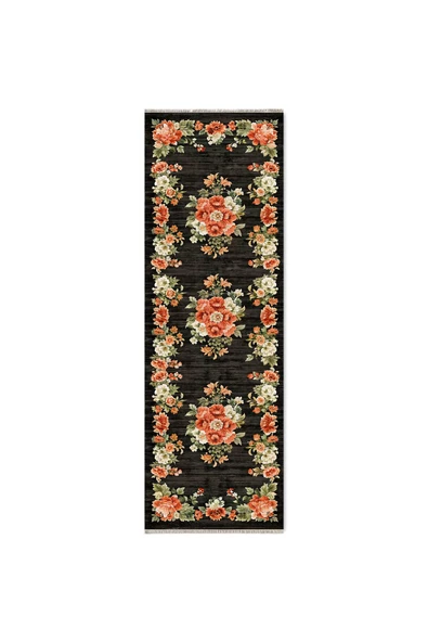 Pastel Home Etnik Çiçekli Karabağ Desenli Şönil Halı Kilim Kaymaz Pamuk Taban Kendinden Saçaklı Yıkanabilir - 14