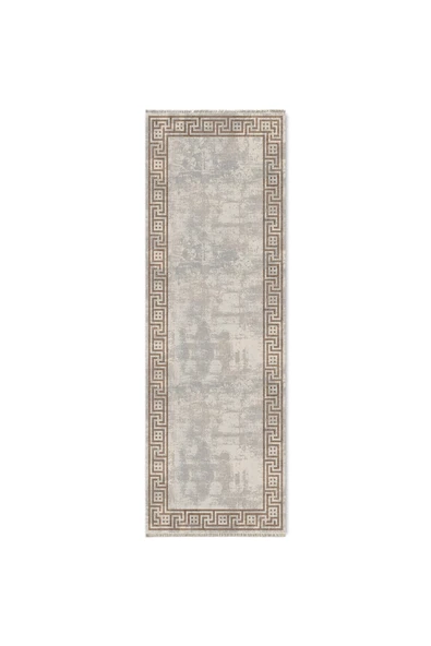 Pastel Home Kahverengi Çerçeveli Vizon Gri Şönil Halı Kilim Yolluk Yıkanabilir Kaymaz Saçaklı Mutfak Koridor - 6