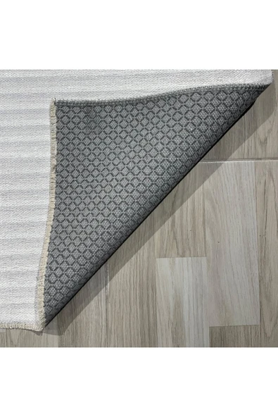 Pastel Home Modern Çizgili Açık Gri Kaymaz Şönil Halı Saçaklı Robot Süpürge Uyumlu Yıkanabilir Yolluk Kilim - 15