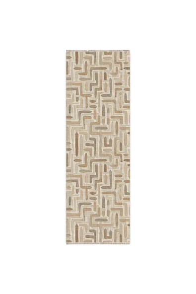 Pastel Home Tasarım Çift Taraflı Yıkanabilir Şönil Halı Kilim Yolluk Bej Kahve Toprak Tonlarında Geometrik - 15