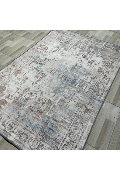 Pastel Home Tasarım Çift Taraflı Yıkanabilir Şönil Halı Kilim Yolluk Çerçeveli Eskitme Bej Mavi - 5