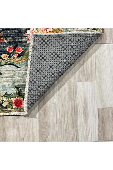 Pastel Home Etnik Çiçekli Karabağ Desenli Şönil Halı Kilim Kaymaz Pamuk Taban Kendinden Saçaklı Yıkanabilir - 3