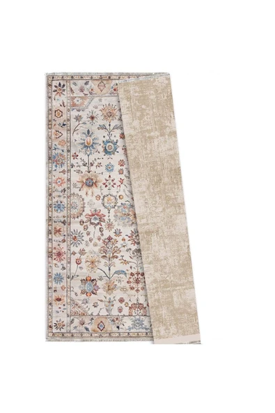 Pastel Home Tasarım Çift Taraflı Yıkanabilir Şönil Halı Kilim Yolluk Çiçek Motifli Bej Krem Renkli - 6