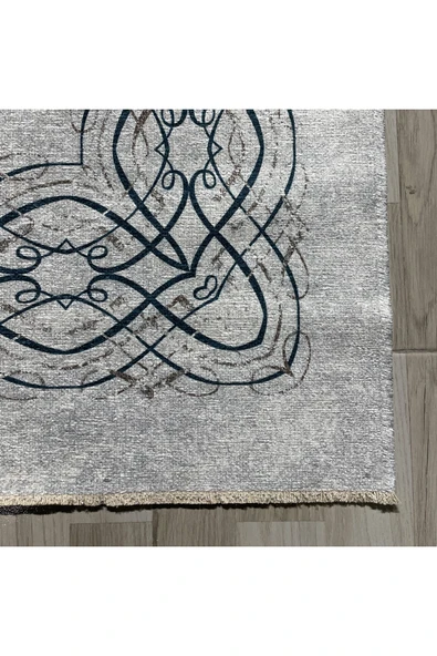 Pastel Home Çerçeveli Gri Şönil Halı Kilim Yolluk Kaymaz Yıkanabilir Saçaklı Mutfak Salon Oturma Odası Koridor - 2