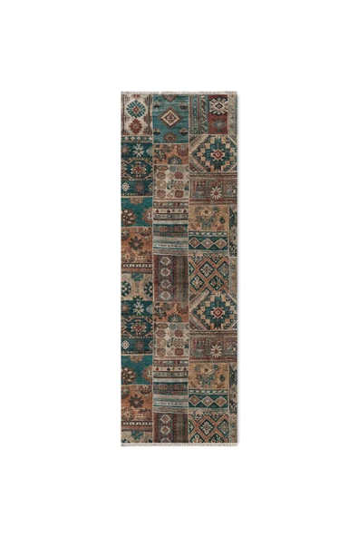 Pastel Home Kahverengi Yeşil Eskitme Patchwork Şönil Halı Kilim Yolluk Kaymaz Yıkanabilir Saçaklı - 14