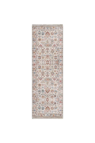 Pastel Home Tasarım Çift Taraflı Yıkanabilir Şönil Halı Kilim Yolluk Çiçek Motifli Bej Krem Renkli - 11