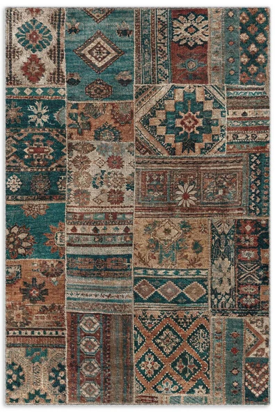 Pastel Home Kahverengi Yeşil Eskitme Patchwork Şönil Halı Kilim Yolluk Kaymaz Yıkanabilir Saçaklı