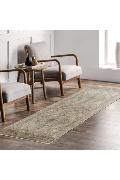 Pastel Home Bej Vizon Kahve Vintage Göbekli Şönil Halı Kilim Yolluk Yıkanabilir Kaymaz Saçaklı - Resim 15