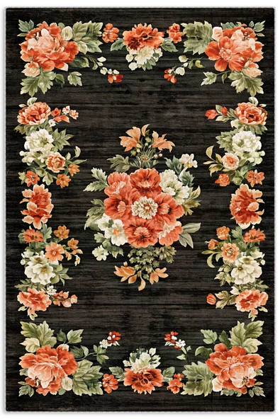 Pastel Home Etnik Çiçekli Karabağ Desenli Şönil Halı Kilim Kaymaz Pamuk Taban Kendinden Saçaklı Yıkanabilir