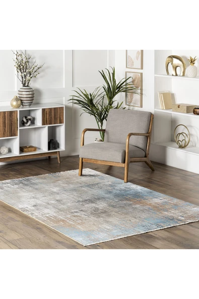 Pastel Home Tasarım Çift Taraflı Yıkanabilir Şönil Halı Kilim Yolluk Abstract Bej Mavi - 6