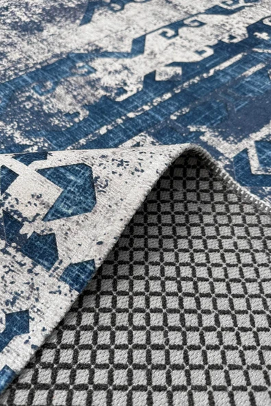 Pastel Home Lacivert Gri Tasarım Şönil Halı Kilim Yolluk Kaymaz Yıkanabilir Saçaklı Oturma Odası Mutfak Koridor - Resim 5