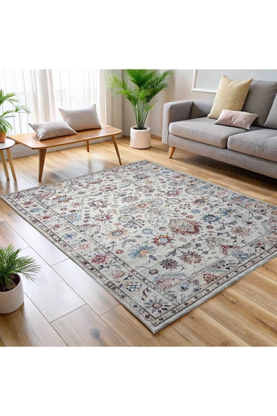 Pastel Home Tasarım Çift Taraflı Yıkanabilir Şönil Halı Kilim Yolluk Çiçek Motifli Bej Krem Renkli - 3