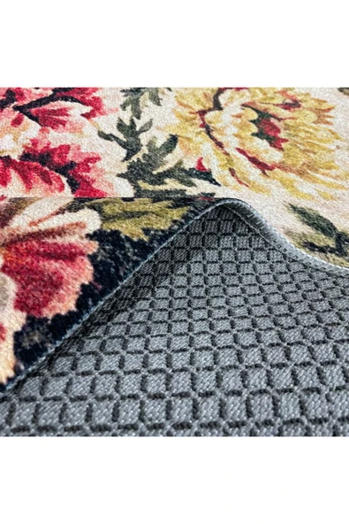 Pastel Home Etnik Çiçekli Karabağ Desenli Şönil Halı Kilim Kaymaz Pamuk Taban Kendinden Saçaklı Yıkanabilir - 4